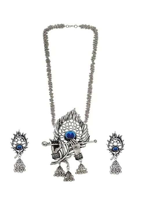 OXIDISED SILVER RADHA KRISHNA NECKLACE SET JHUMKI EARRINGS WOMEN GIRLS JEWELRY
