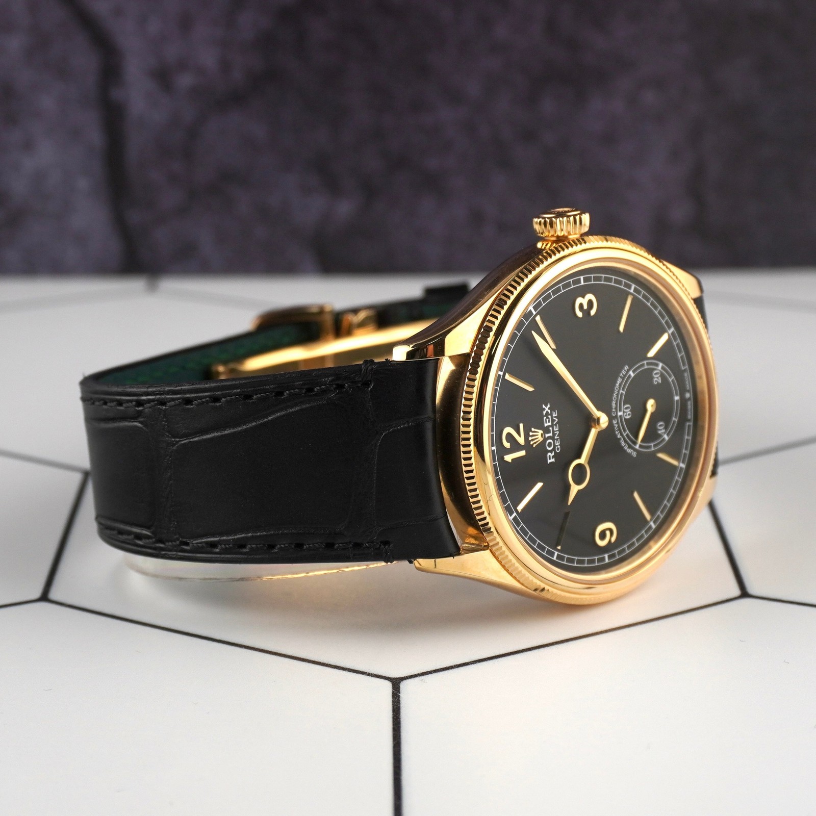 Rolex 1908 39mm Yellow Gold Black Dial Leather Band Men’s Watch 52508