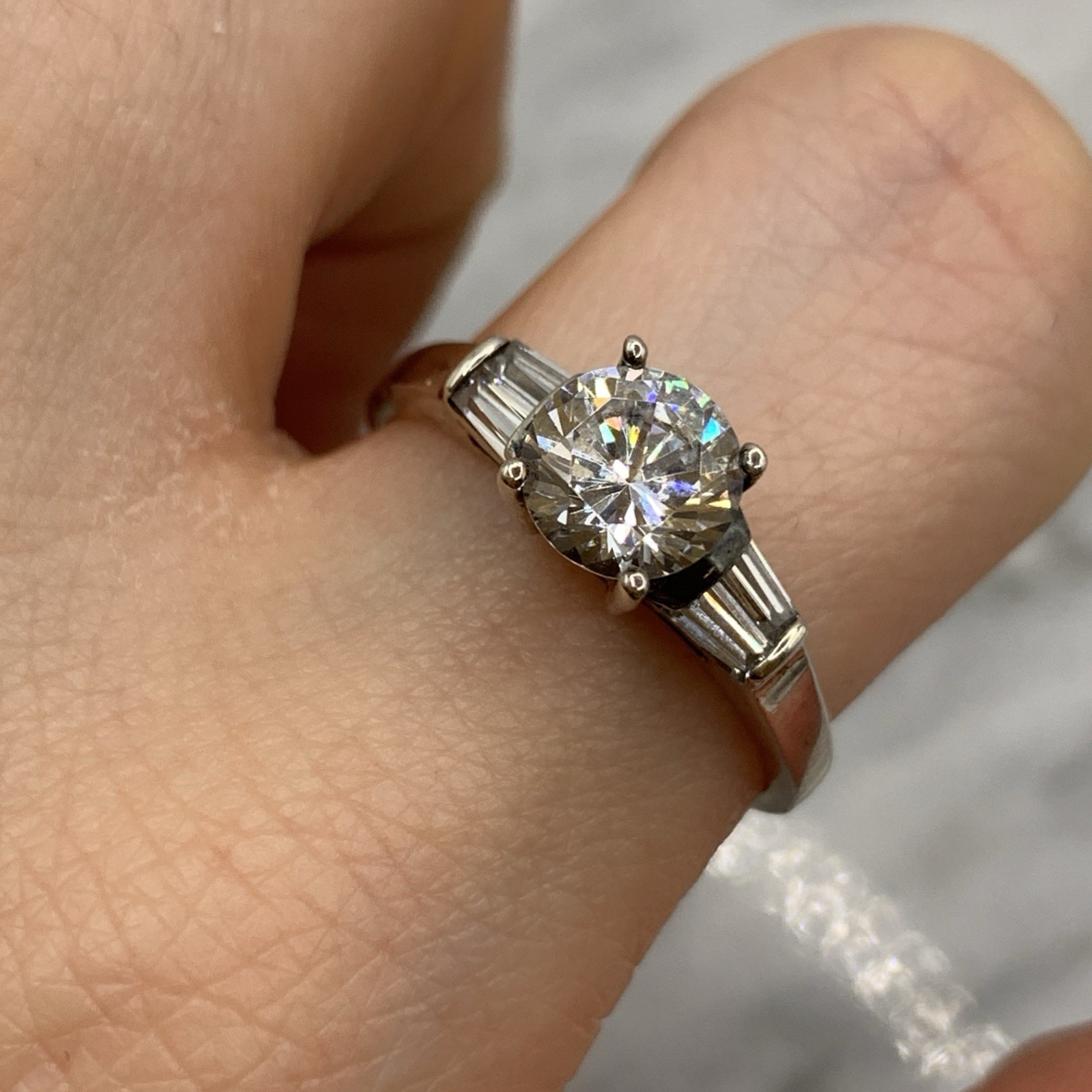 Art Deco Style Ring 925 Sterling Silver CZ Round Cut Baguette Shoulder – Size R