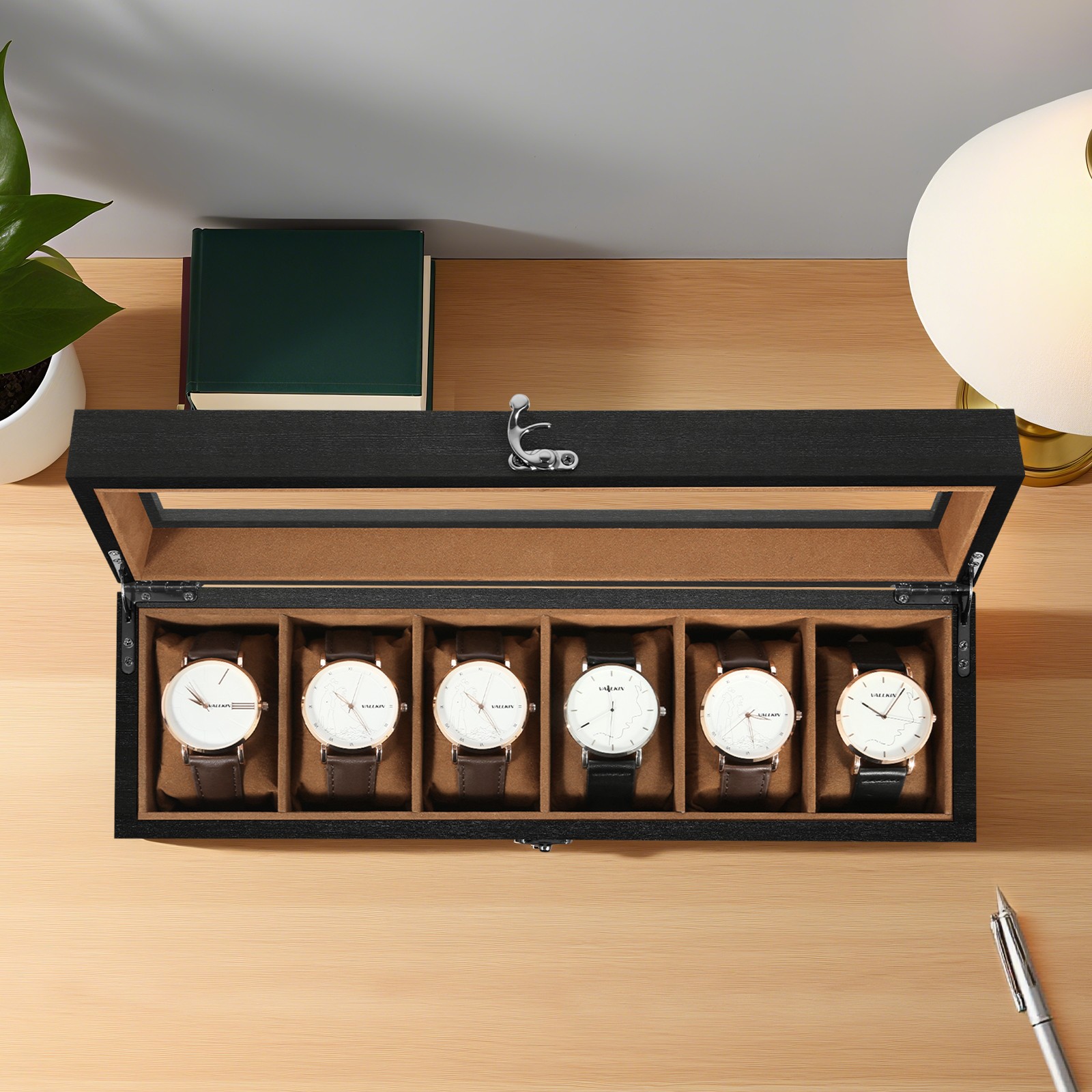 6 Slots Watch Box Solid Wood Watch Case with Clear Top Storage Display Case Gift