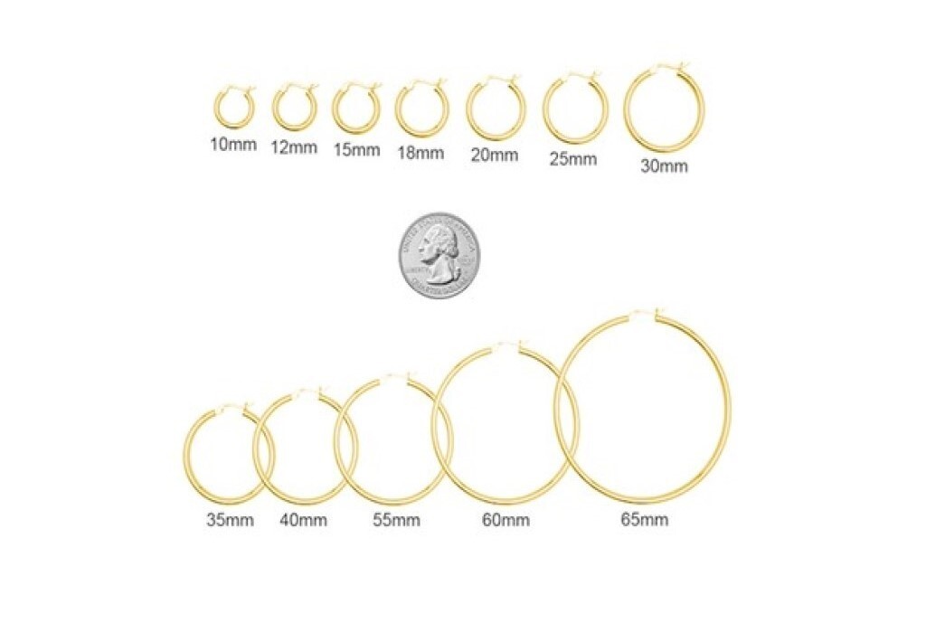 925 Sterling Silver High Polished Gold 2MM French Lock Hoop Earrings 10MM-55MM