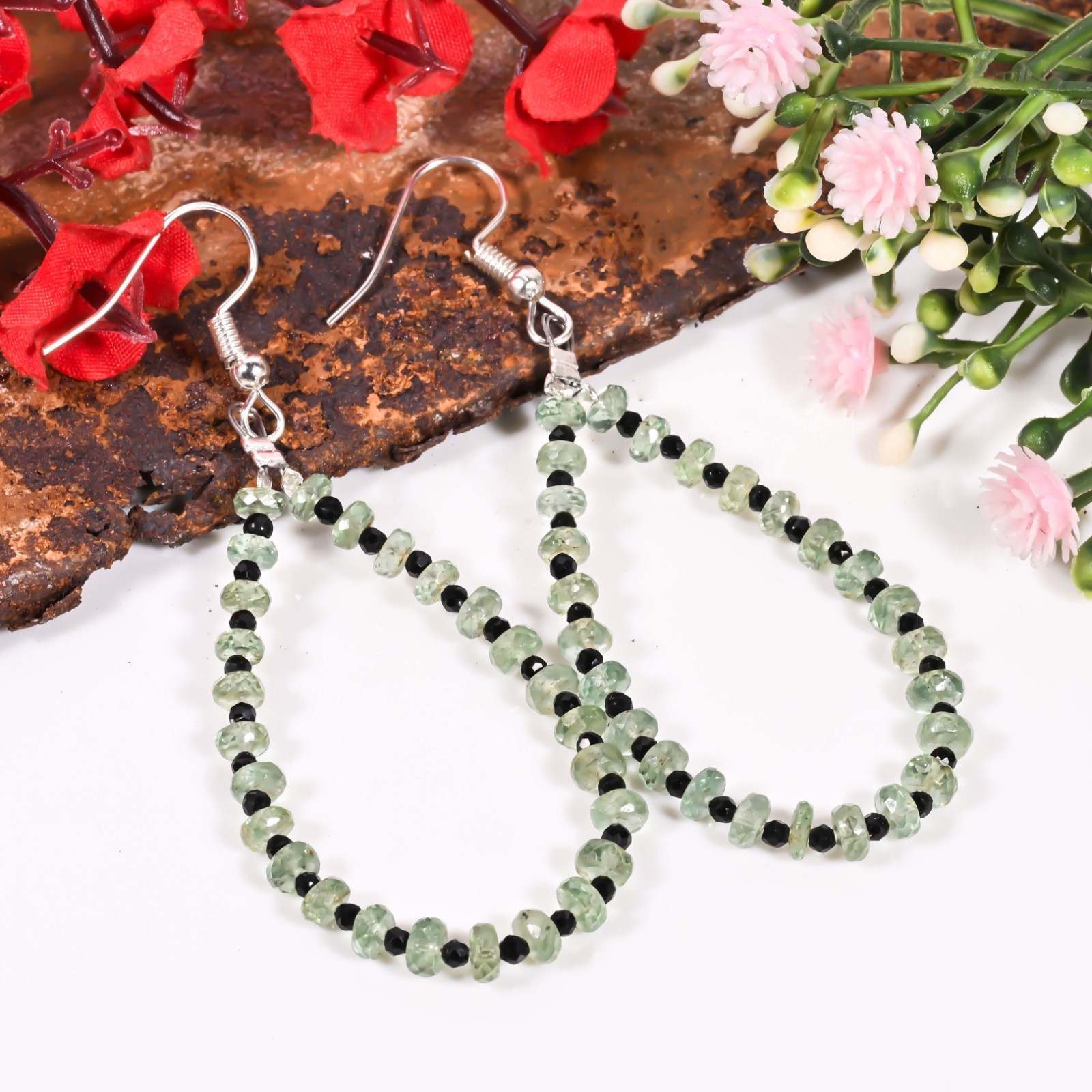 Mint Green Kyanite Dangle Earrings Black Spinel Faceted Handmade