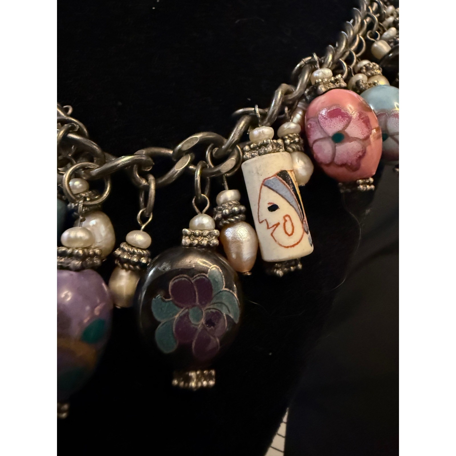 Vintage Hand Painted Ceramic Bead Pearl Charm Necklace Silver Tone 18in