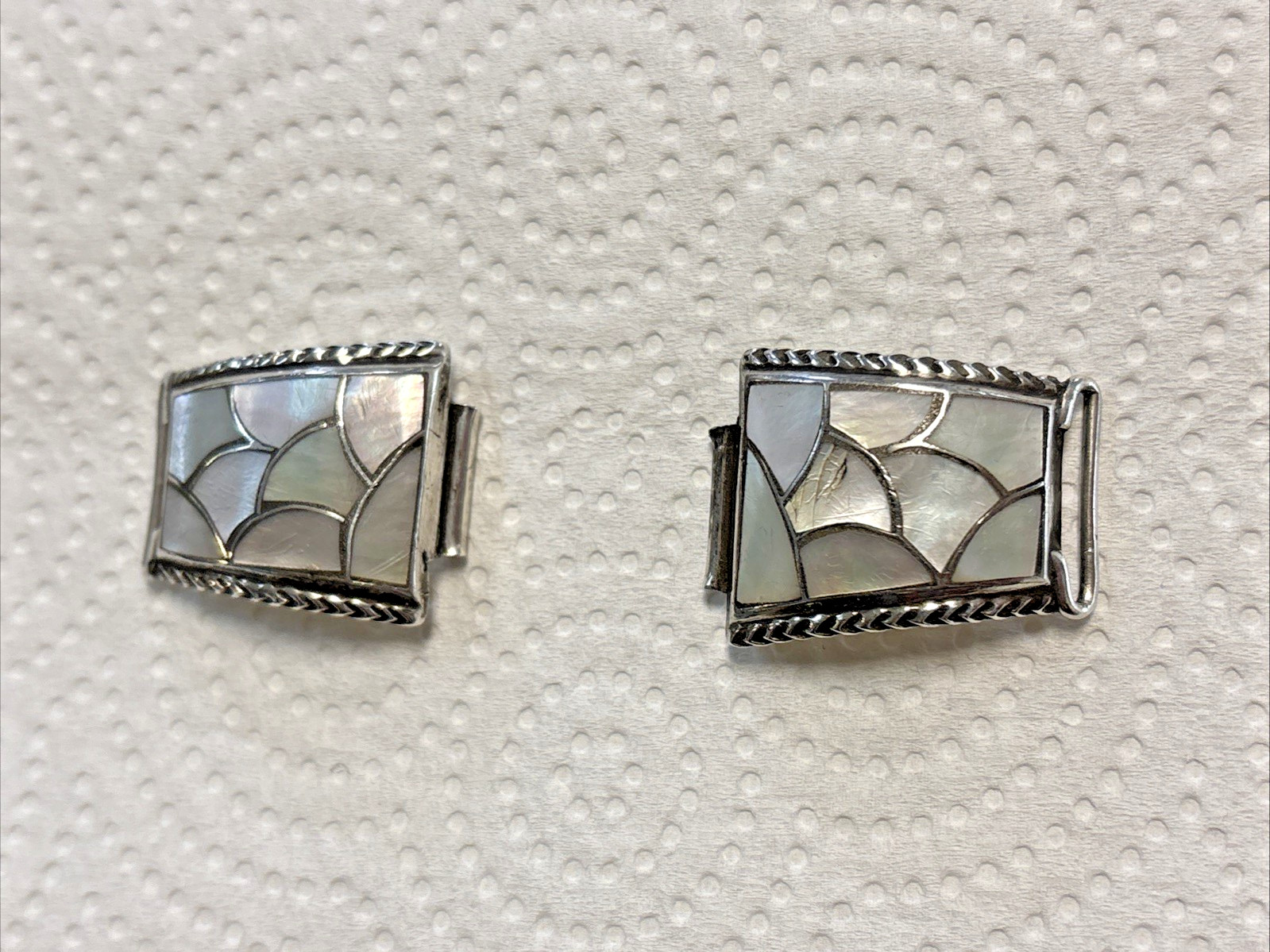 VINTAGE WATCH BAND STERLING PARTS ~ MOTHER OF PEARL MOSAIC ~ STAMPED “RHC”
