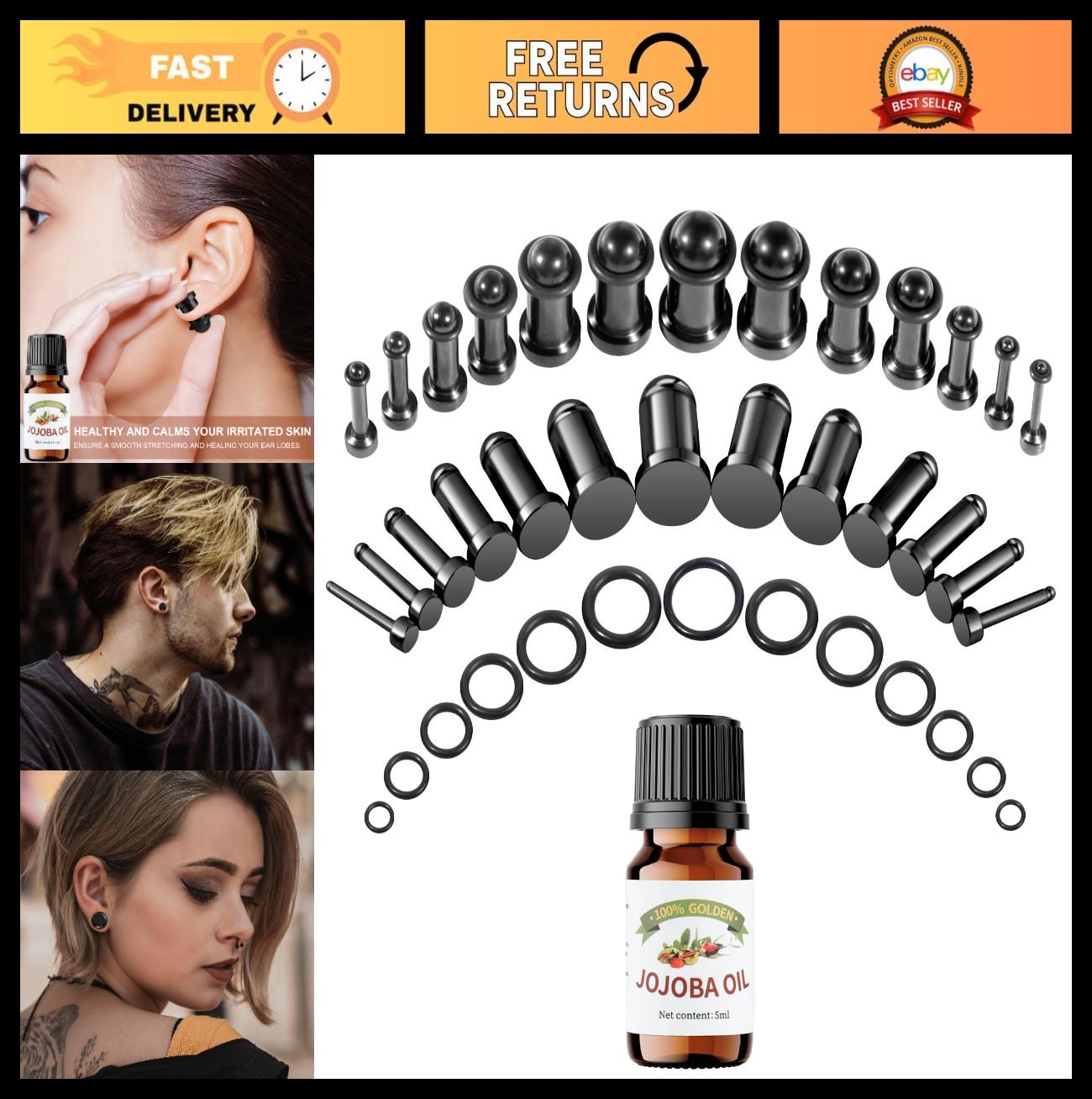 12-26Pcs Ear Stretching Kit 1-12mm Plugs & O-Rings, Stainless Steel Expander, Af