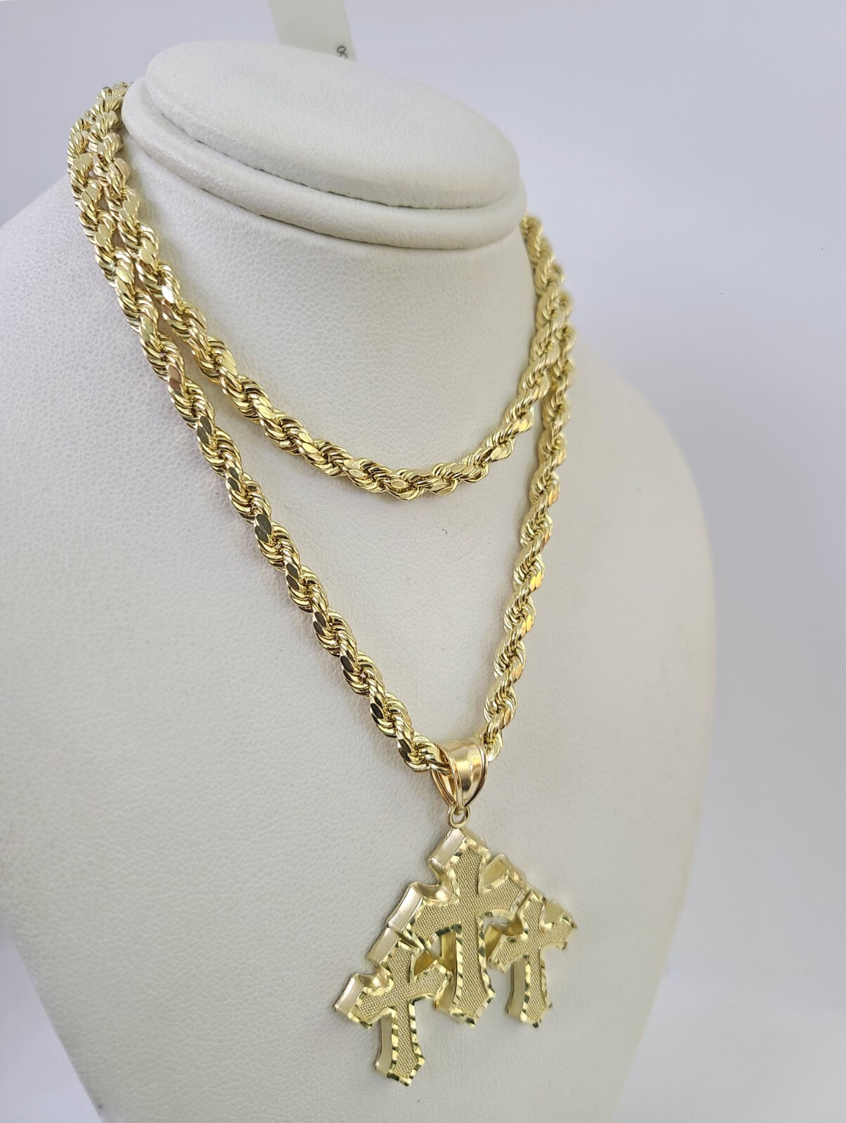 REAL 10k Jesus Triple Cross Charm Rope Chain Pendant 4mm Necklace Set 18″-28″