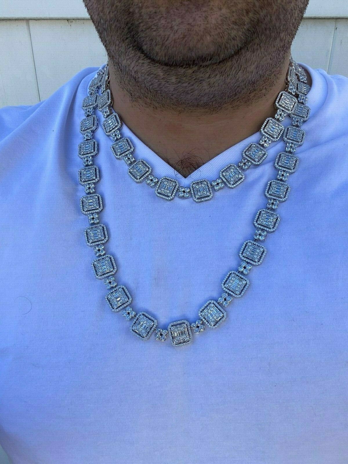 925 Sterling Silver Baguette Link Chain Iced 16mm Men’s CZ Necklace Choker