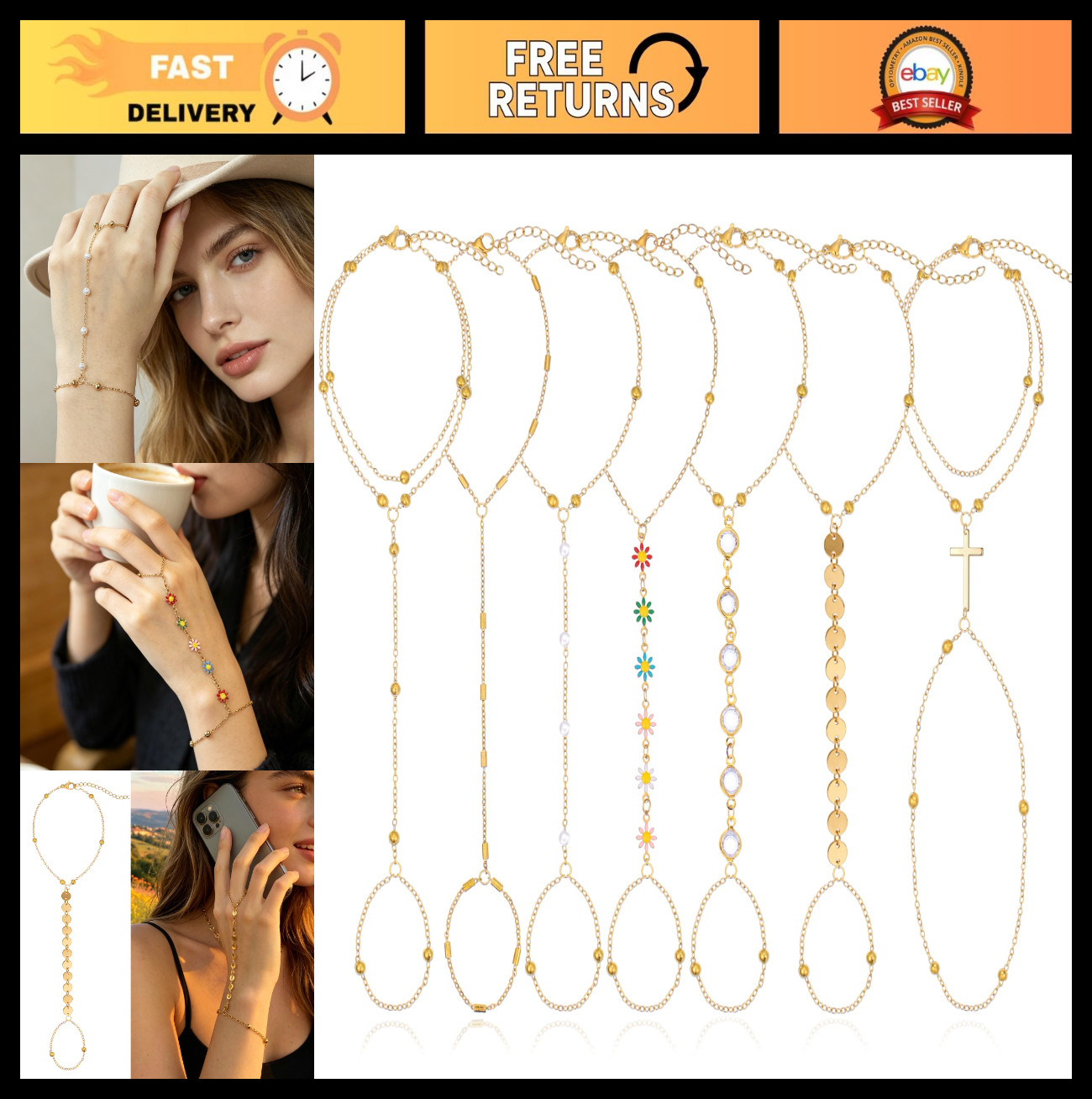7Pcs 14K Gold Plated Hand Chain Bracelets for Women | Adjustable Stackable Jewel