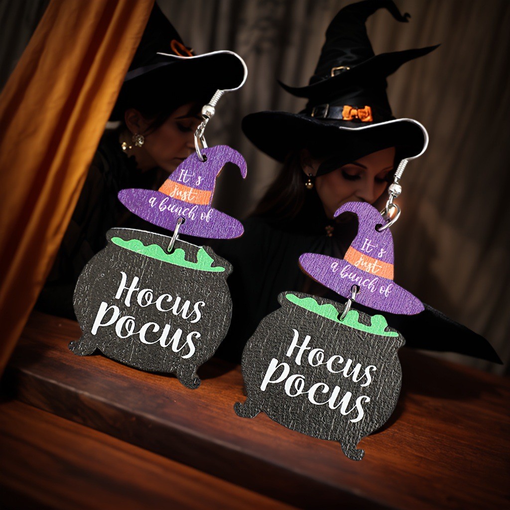 2Pcs Halloween Hocus Pocus Witch Hat Cauldron Wooden Dangle Earrings for Women