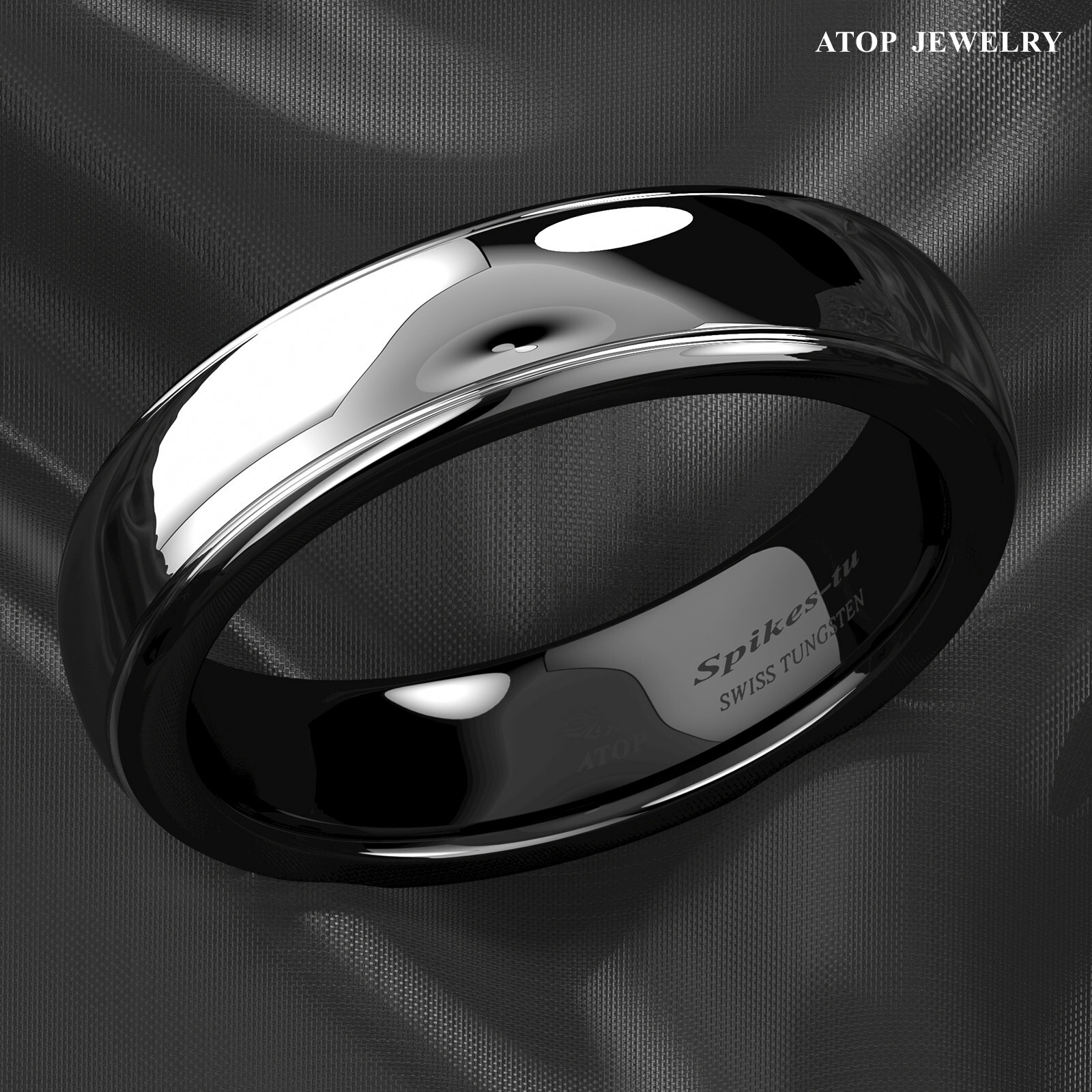 8/6mm Dome Black Silver Center Tungsten Carbide Ring ATOP Wedding Band Bridal
