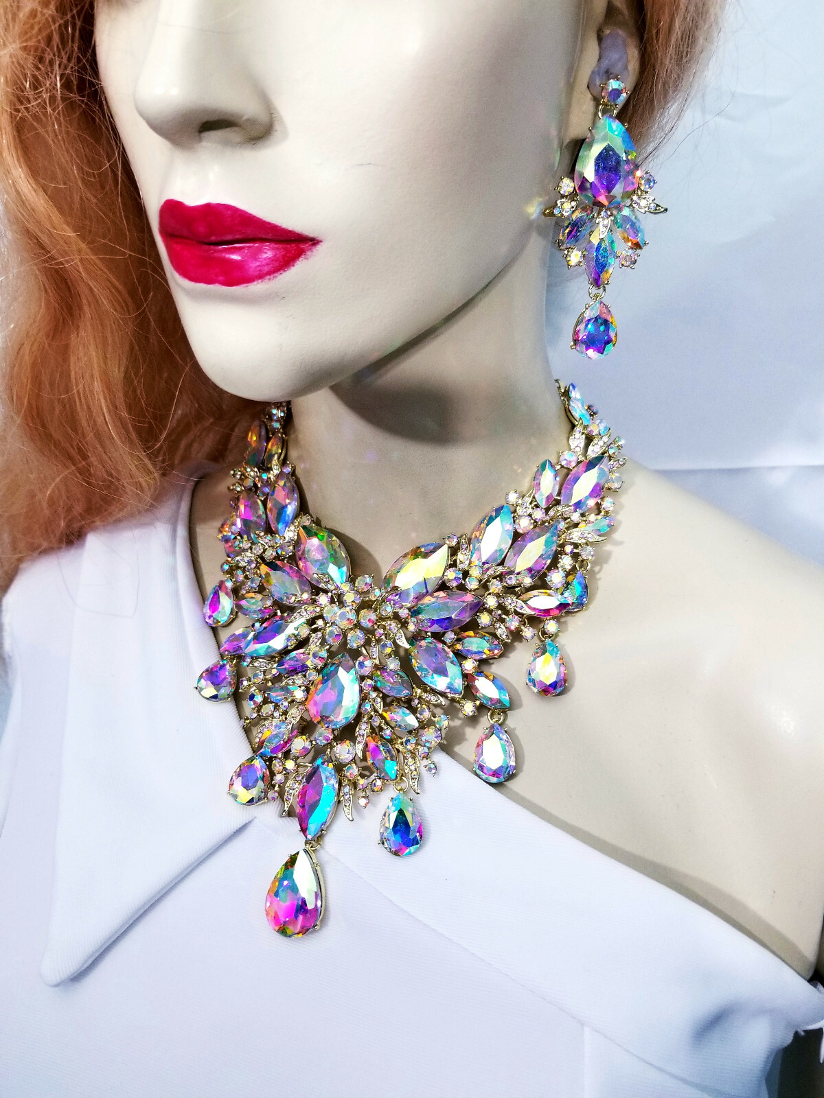 Breastshield Bib Necklace Earring Set Rhinestone AB