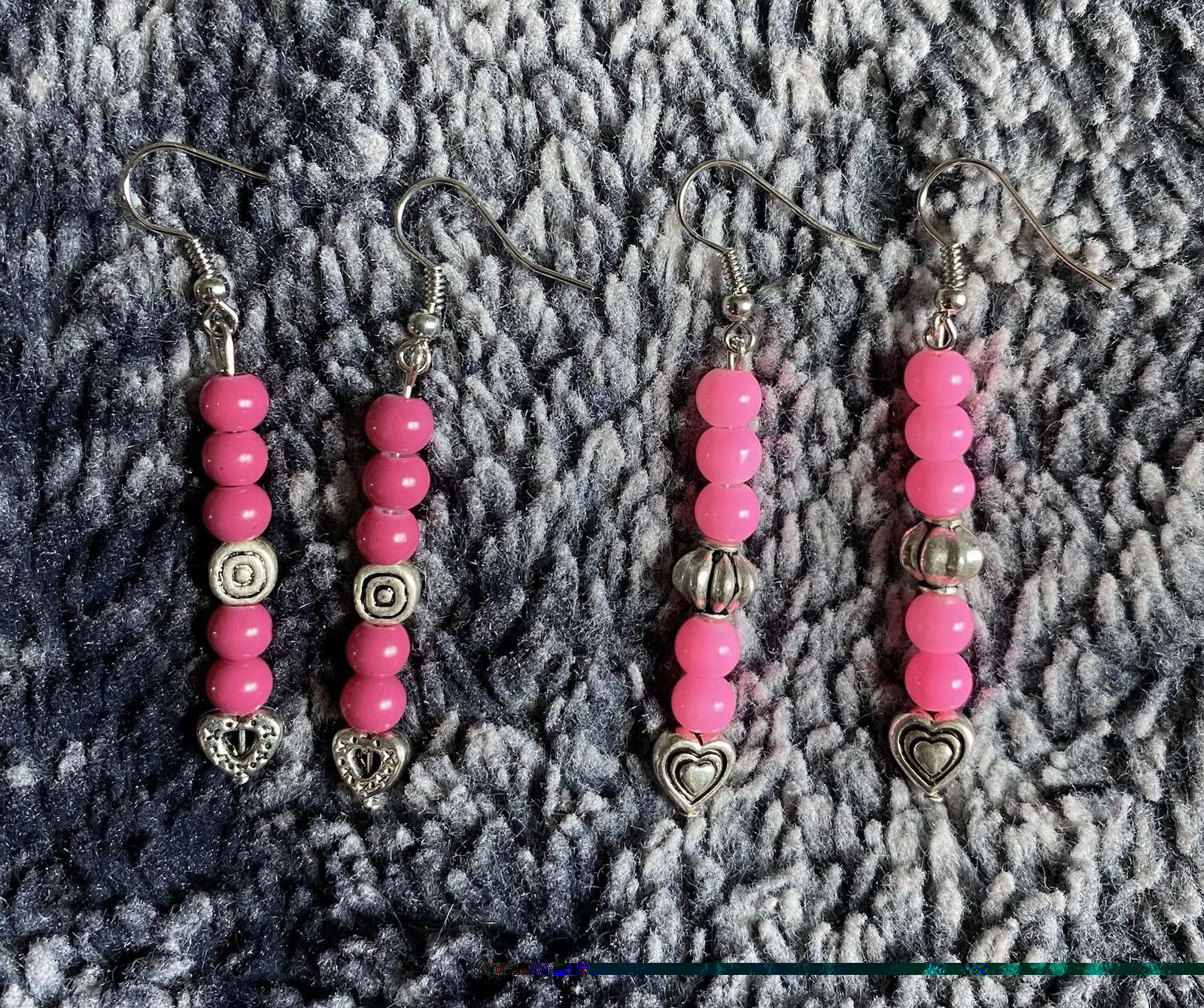 Handmade Pink & Silver Beaded Dangle Drop Earrings Set (2)
