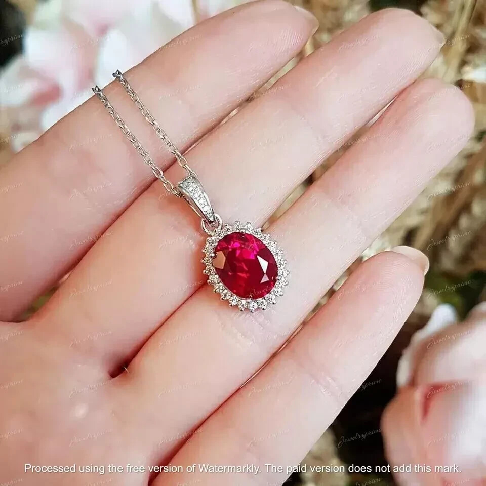3Ct Oval Cut Lab Created Red Ruby Halo Pendant With Free Chain 14K White Gold FN