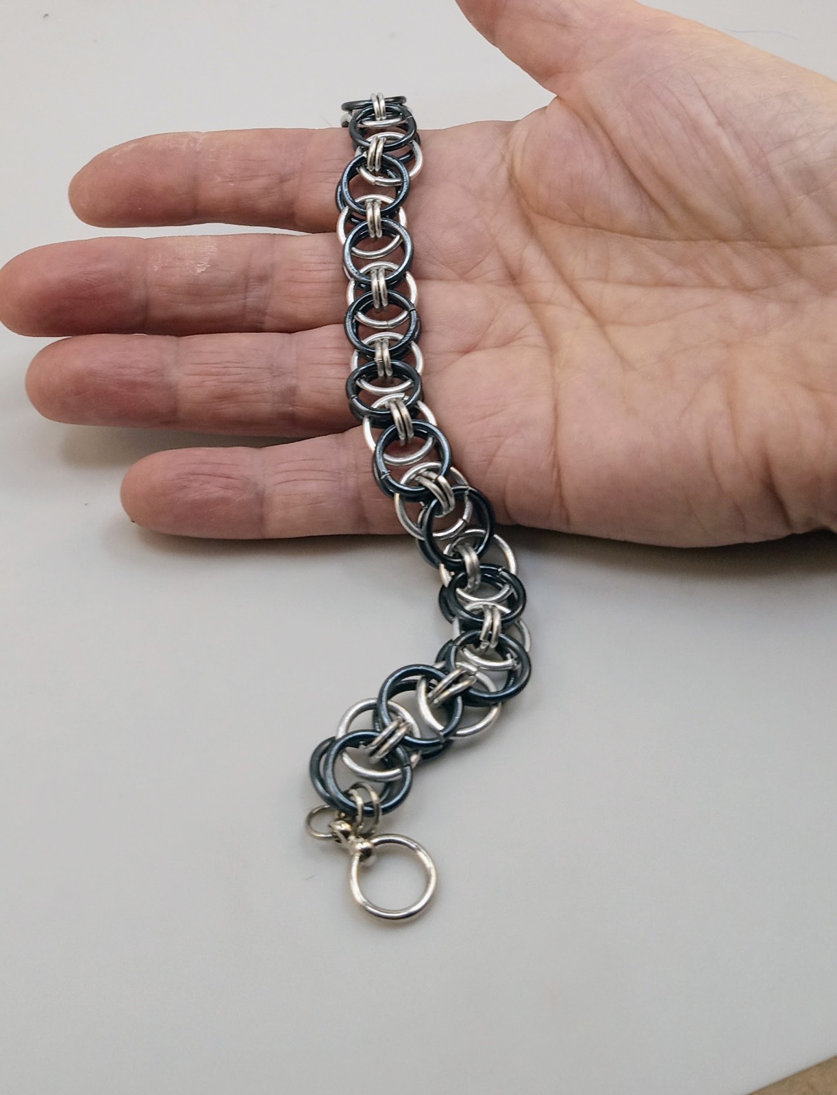 Helm Chainmail Weave Bracelet in Silver & Black Stainless Steel for All Adults