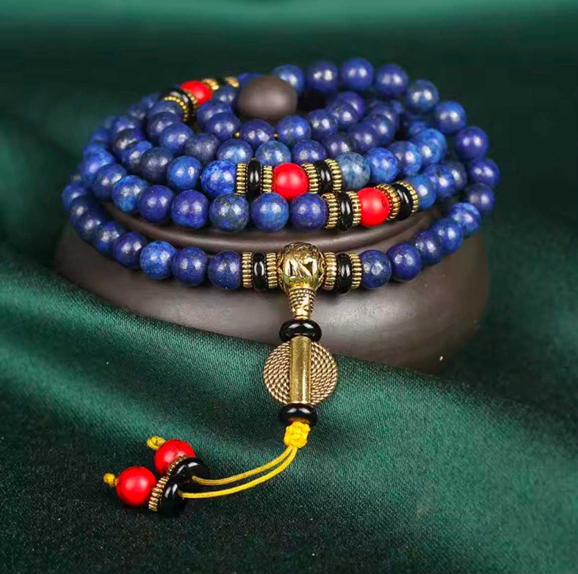 Lapis Lazuli 108 Bead Mala Bracelet Red Turquoise Unisex Prayer Necklace