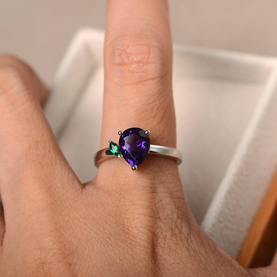 2CT Amethyst Pear Gemstone 925 Silver Plated Dainty Two Stone Ring Duty Free