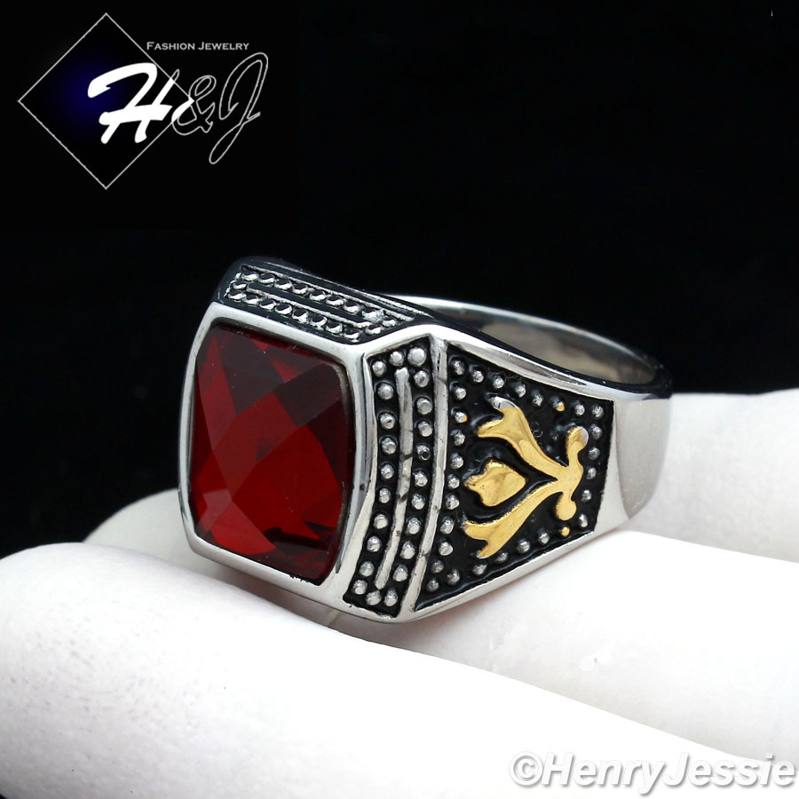 MEN’s Stainless Steel Silver/Gold/Black Plated Simulated Ruby Vintage Ring*R89