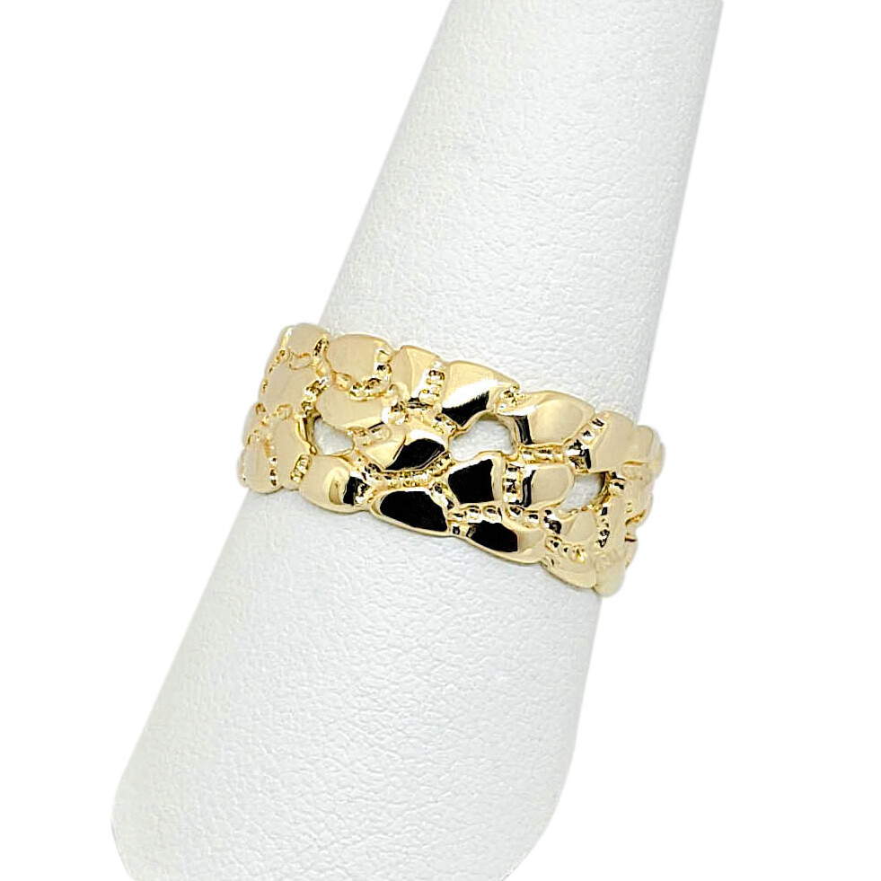 Solid 18K Yellow Gold Mens Nugget Band, 9mm Gold Nugget Ring, Size 5 – 15