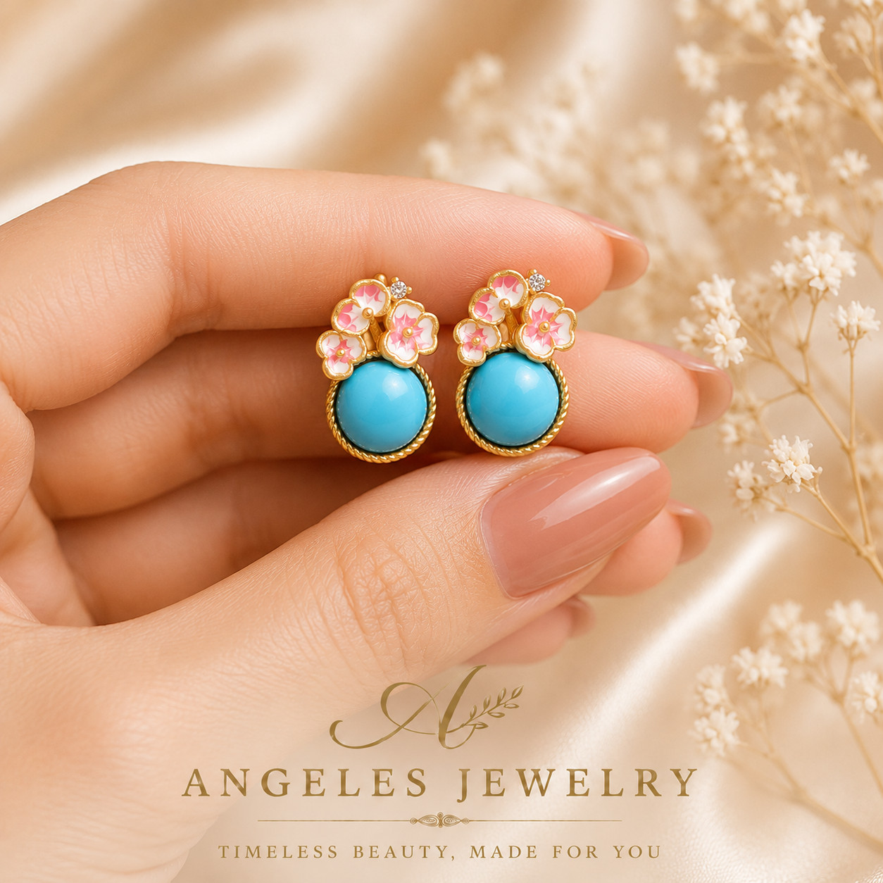 Bohemian Turquoise Gemstone Stud Earrings – Dainty Flower Shape 18K Gold Plated