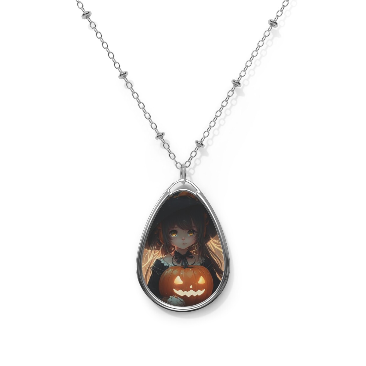 Premium Fall Halloween Anime Manga Style Cute Witch Oval Pendant Necklace Goth