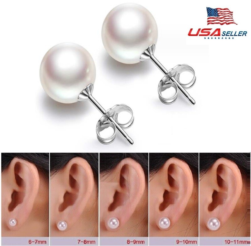 NEW White Genuine Cultured Freshwater Pearl Stud Earrings 925 Sterling Silver US