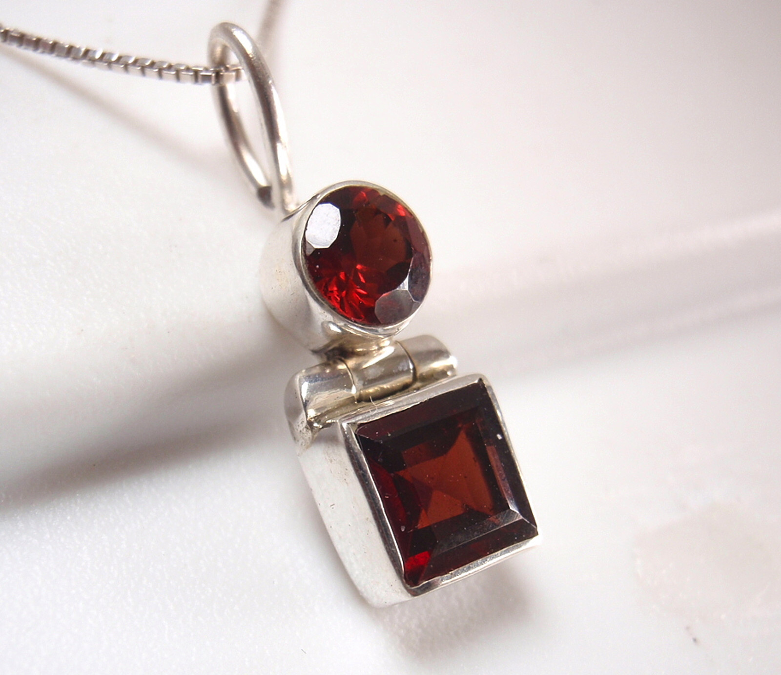 Small Garnet Faceted 925 Sterling Silver Pendant Round and Square