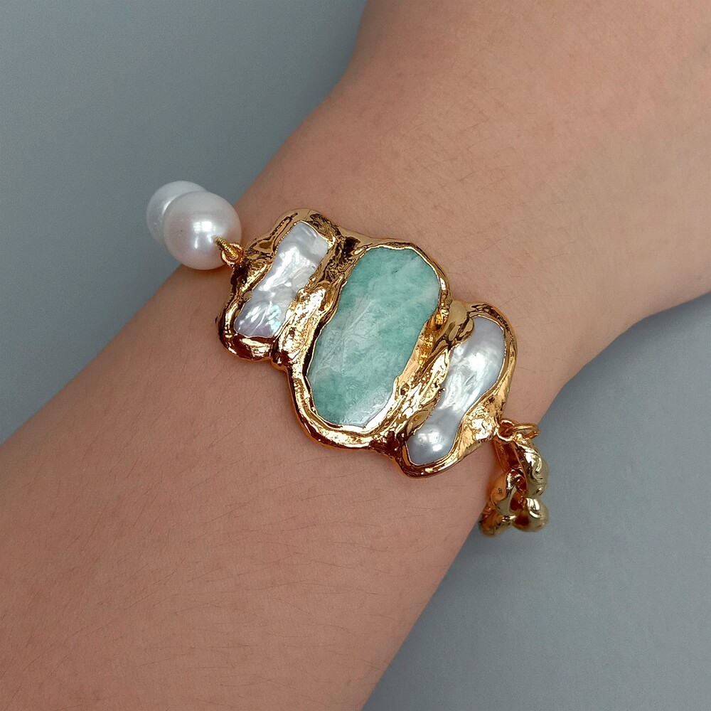 Cultured White Rice Pearl Amazonite Biwa Pearl Chain Bracelet 8″