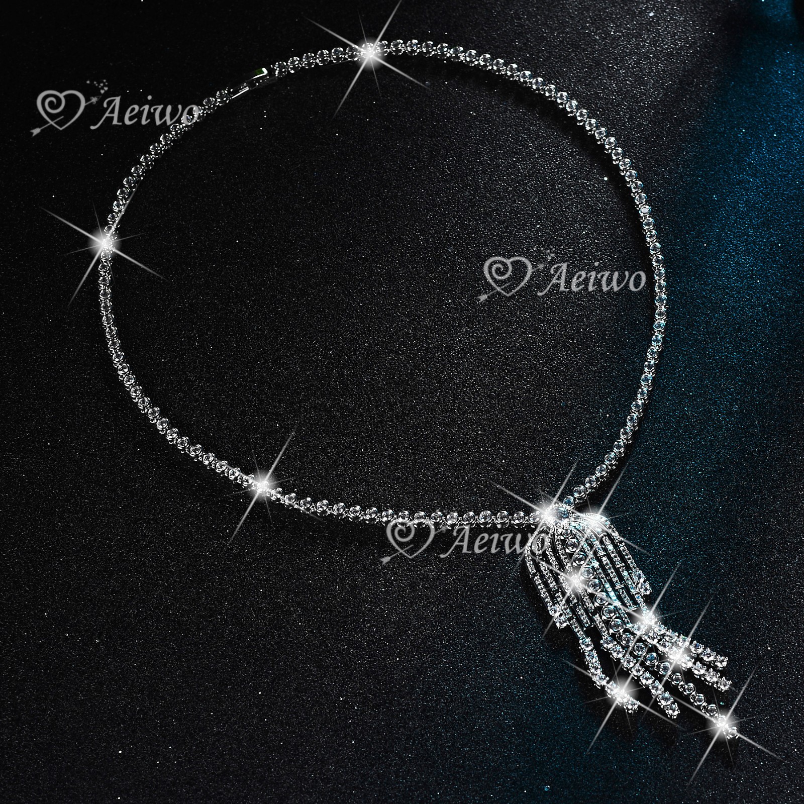 18K WHITE GOLD FILLED SIMULATED DIAMOND WEDDING PARTY NECKLACE LUXURY TASSEL