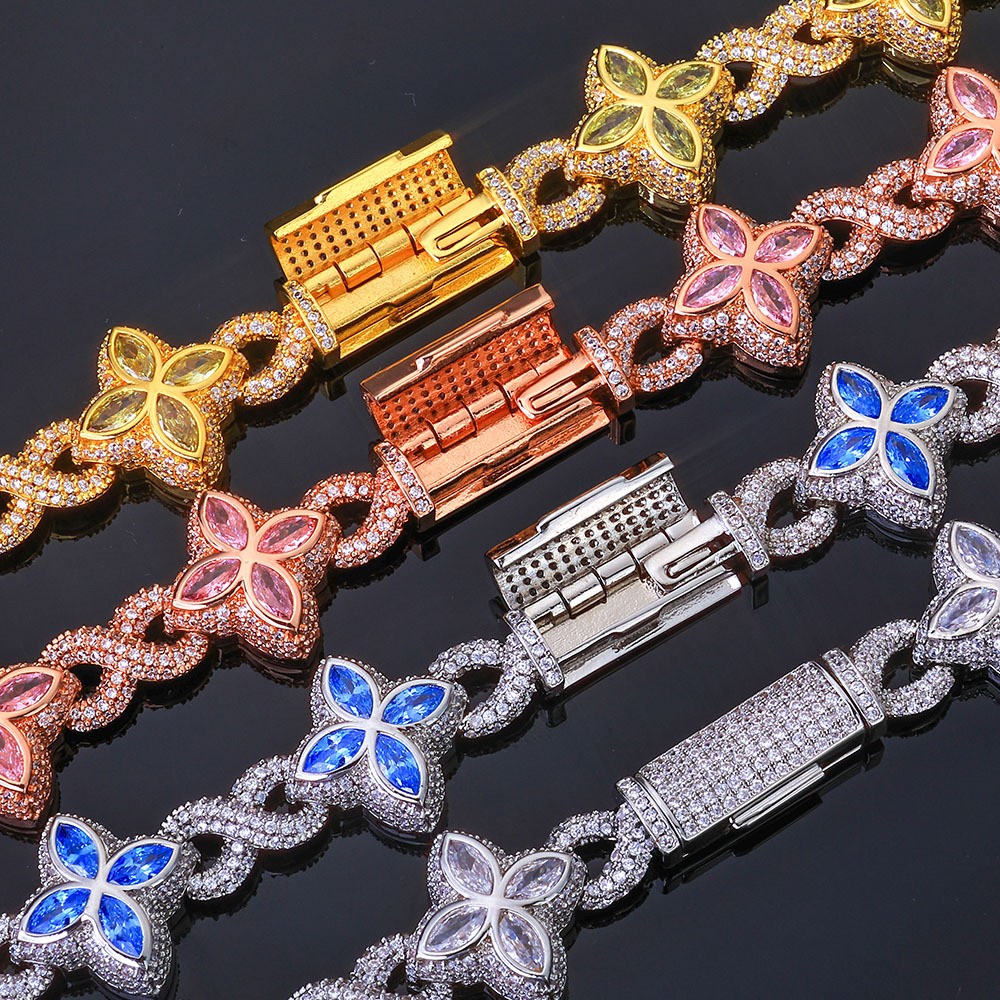 18K Gold Plated Four Leaf Clover Chain 5A Iced CZ Out Hip Hop Jewelry for Men