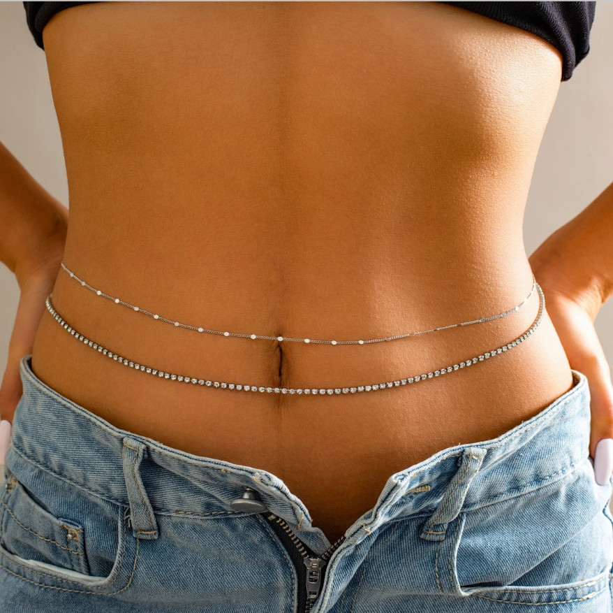 2pcs Boho Snake Chain Waist Belt Set – Rhinestone Bikini Body Jewelry – NEW