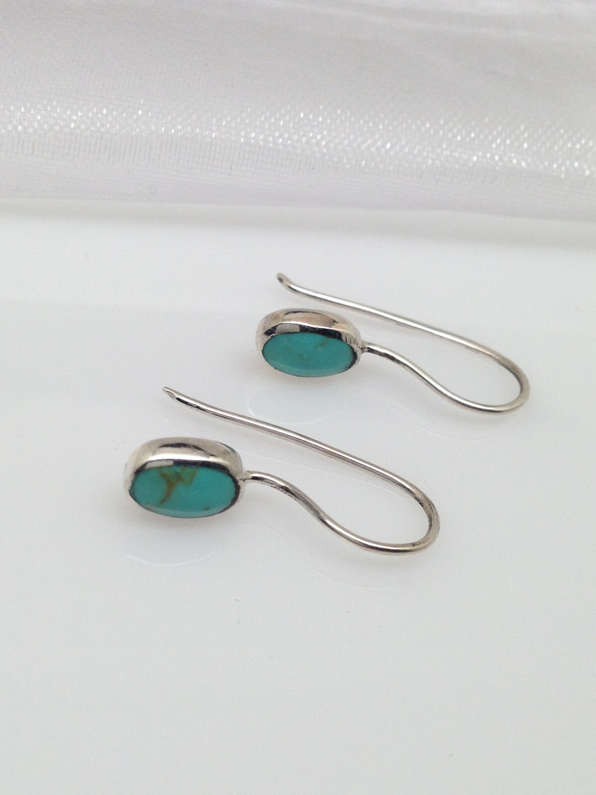 925 Sterling Silver Oval Turquoise Dangle Earrings Tiny Dainty Turquoise 7.5mm
