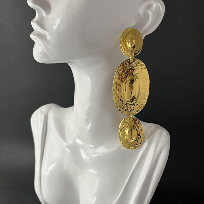 A Pair Brutalist Pierced Dangle Gold Tone Hammered Tribal Runway Earrings