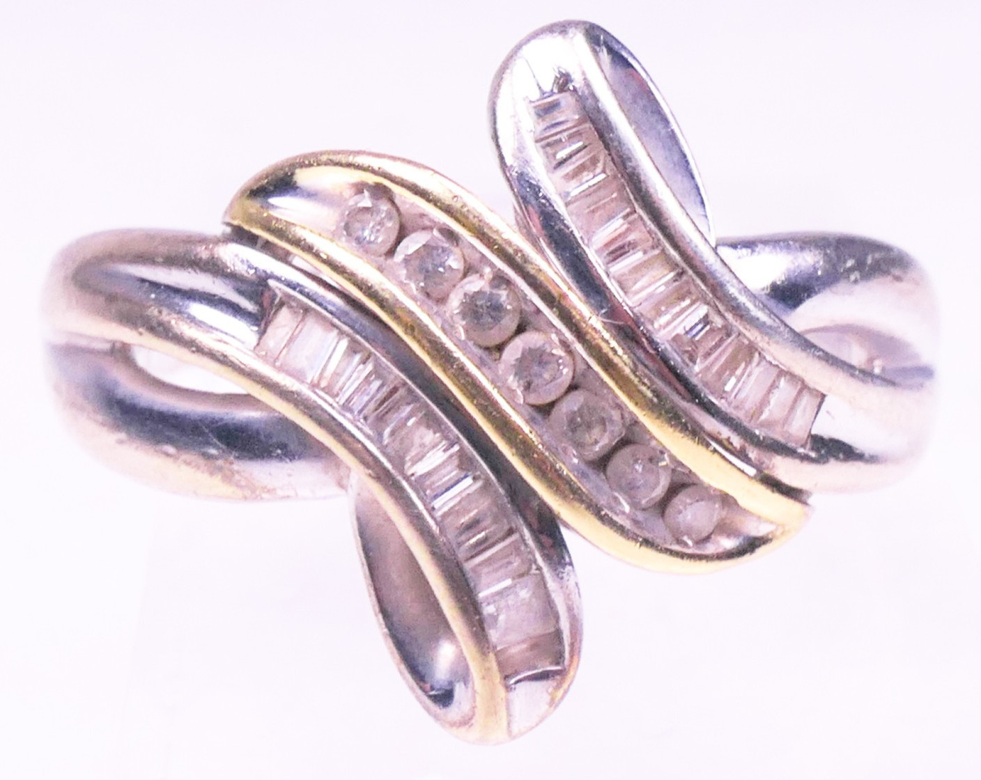 925 Sterling Silver & 14K Gold Two-Tone Round & Baguette Diamond Swirl Ring