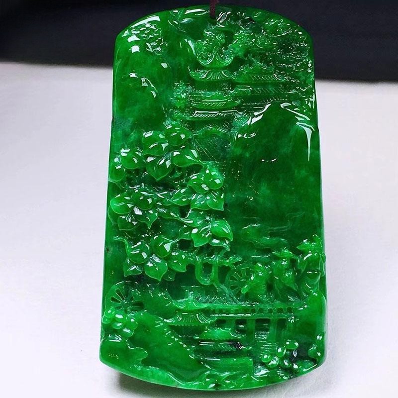 Full Green Waxy Ice Jadeite Landscape Pendant Moist Polished Unisex Jewelry Gift