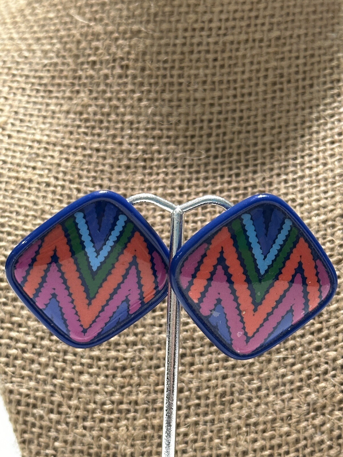 Vintage 80s Square Acrylic Lucite Blue Multi-Color Chevron Pieced Earrings