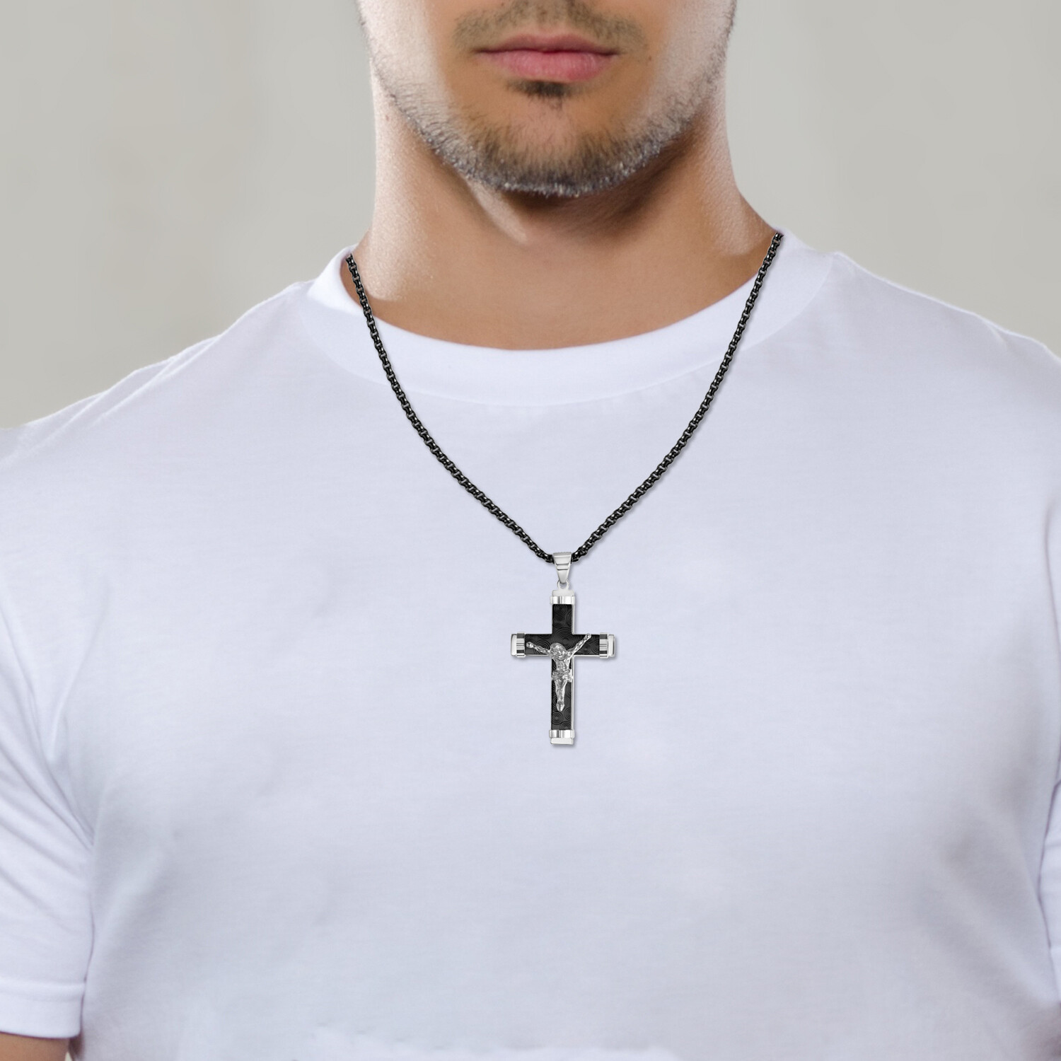 Men’s Silver Plated Christ Jesus Cross Crucifix Stainless Steel Pendant Necklace