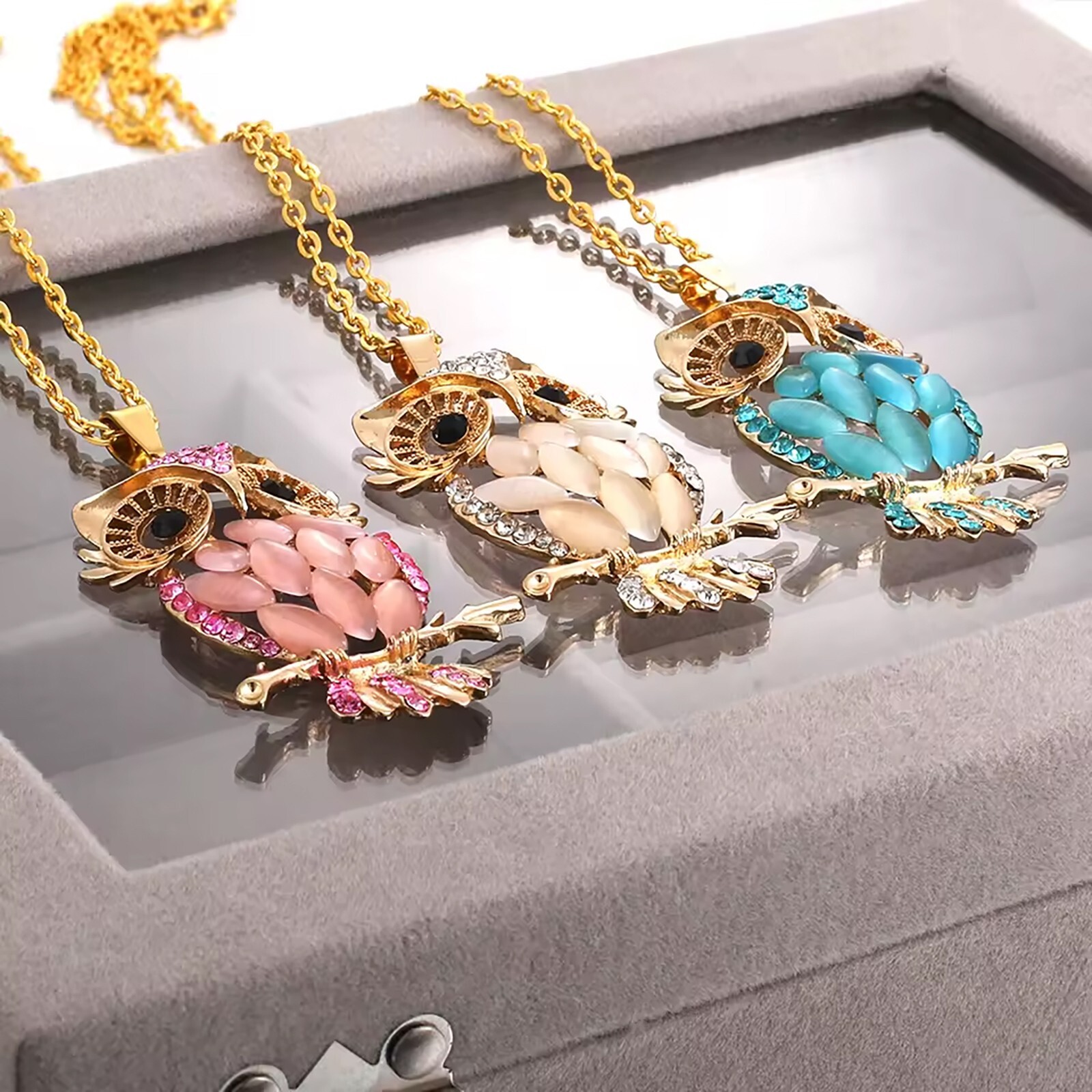 Owl Pendant w/Necklace Opal Lab Created/Plated Fashion Jewelry 28″ SELECT COLOR