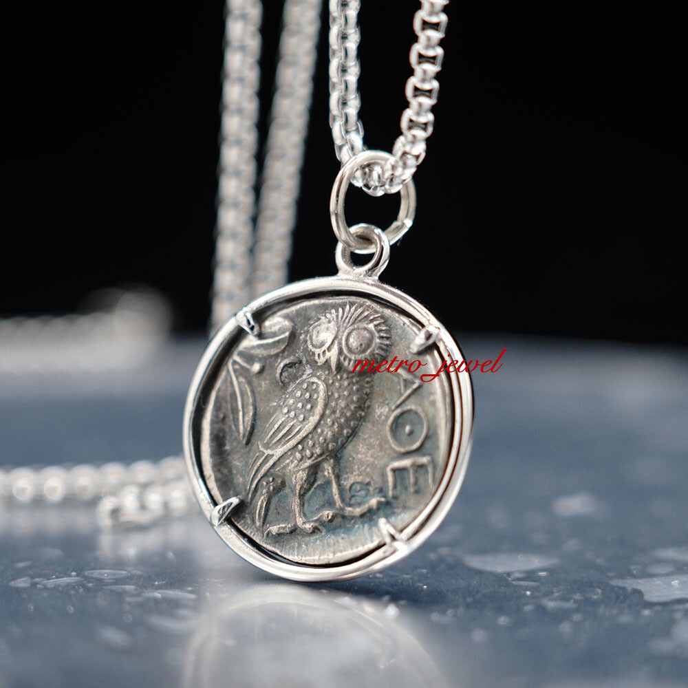 Womens Mens Vintage Copper Ancient Greek Owl Bird Athena Coin Pendant Necklace