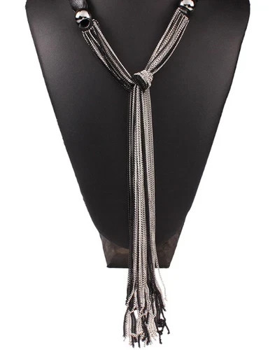 Black Haute Couture Silver Chain Long Lariat Tassel Necklace Fashion Jewelry