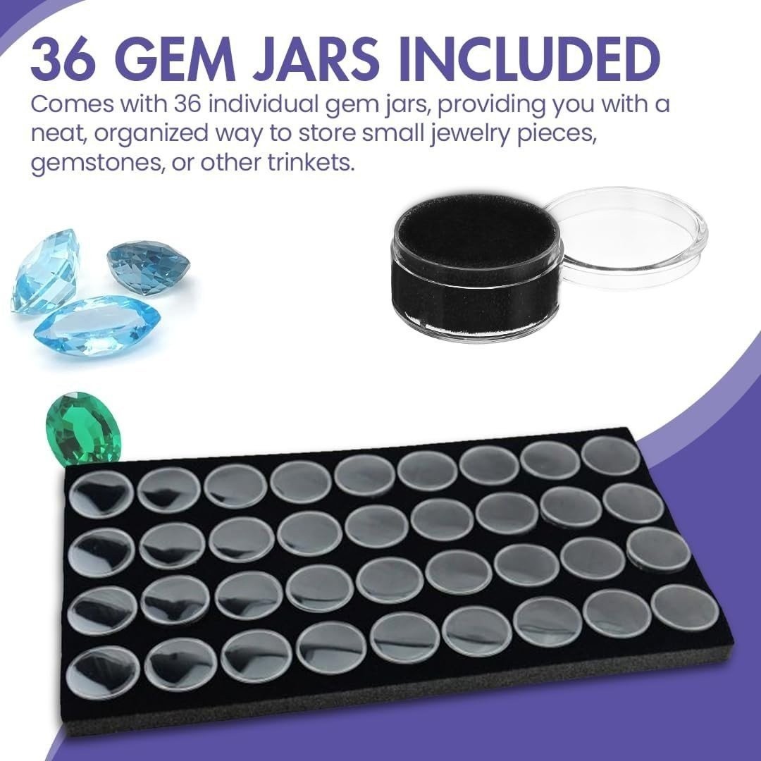 Large Jewelry Display Case 14.75×8.25 + 36 Gem Jars Clear Lid Black Foam Tray