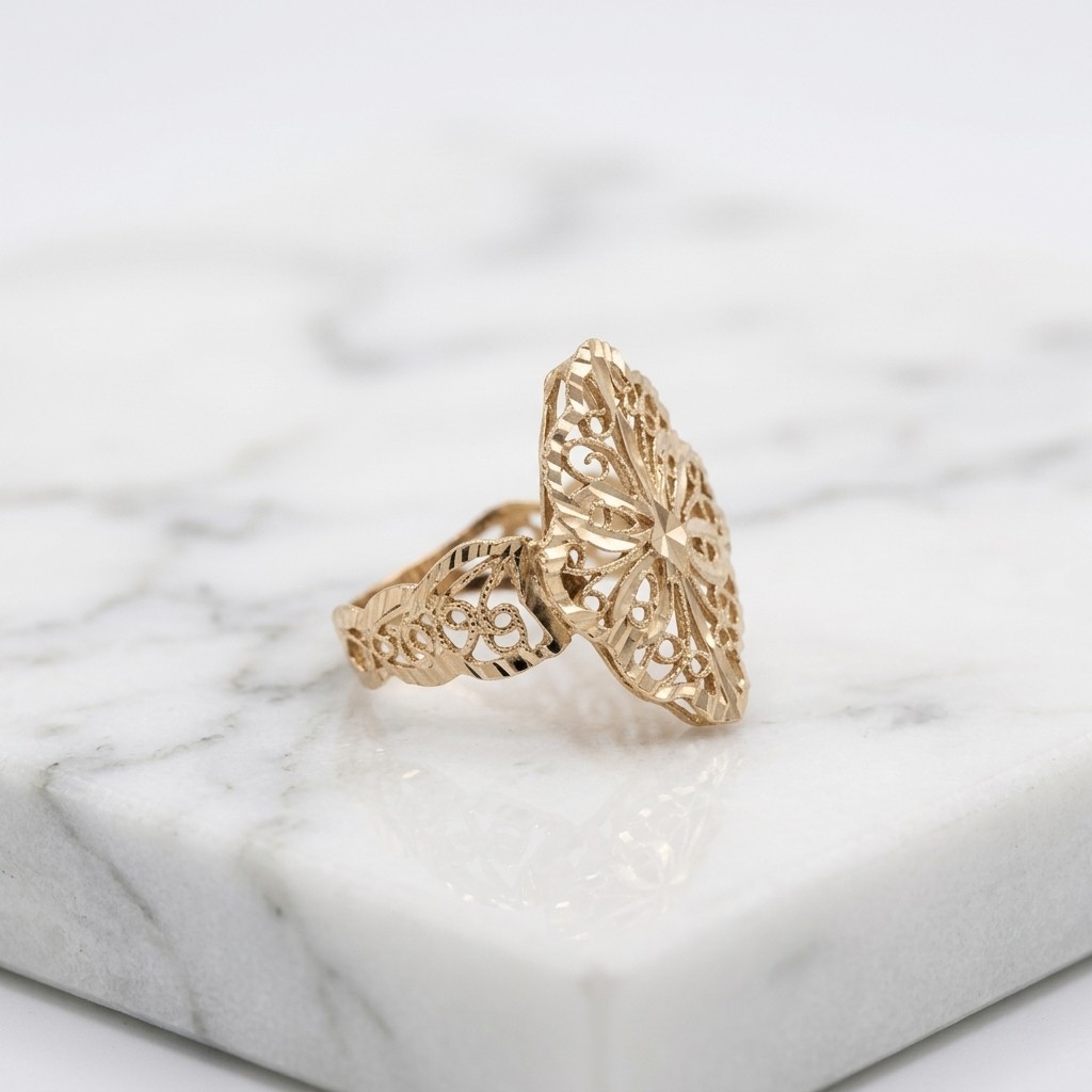 Size 4 Diamond Cut Filigree Cut-Out Cocktail Ring Real Solid 14K Yellow Gold