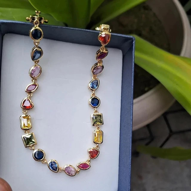 Rainbow MultiCut Multi-Color Gemstone Tennis Necklace 18K Yellow Gold Plated 16″