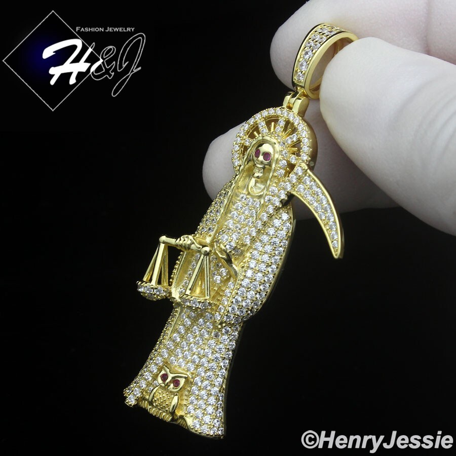 MEN 925 STERLING SILVER ICY BLING CZ 3D GOLD PLATED SANTA MUERTE PENDANT*GP518