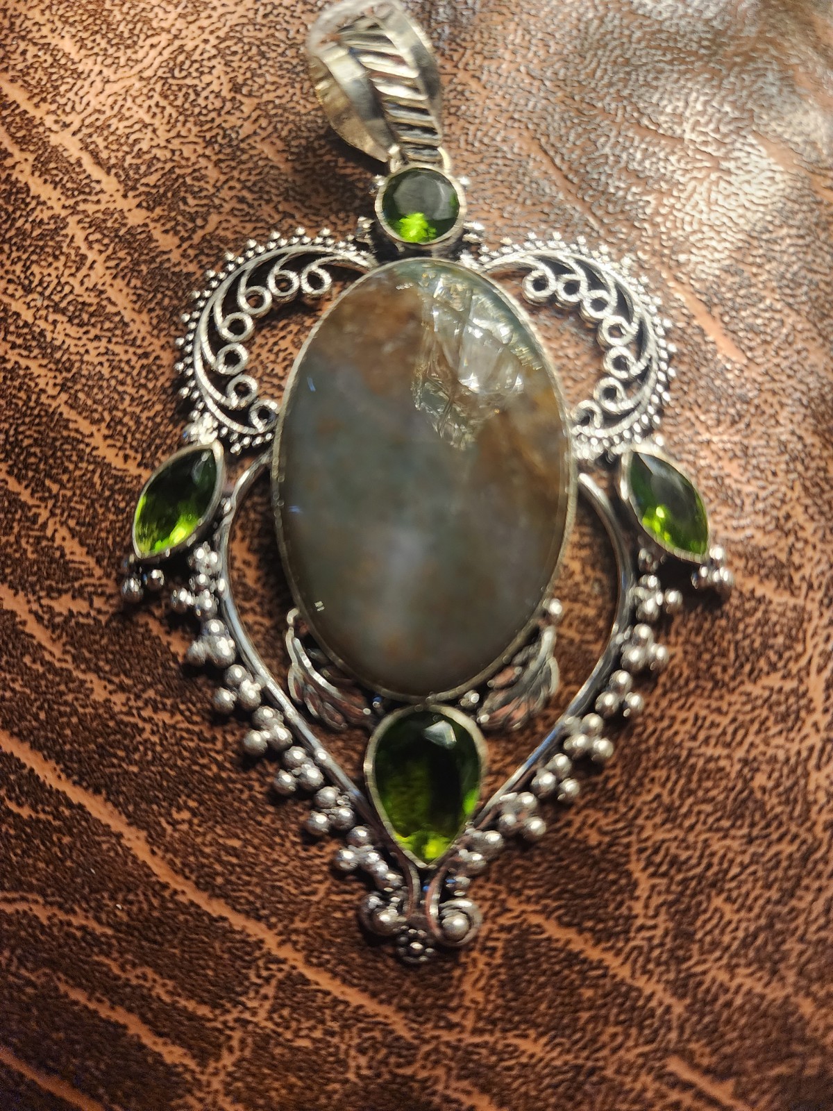 Bloodstone With Green Stone Accents In 925 Sterling Sliver Pendant