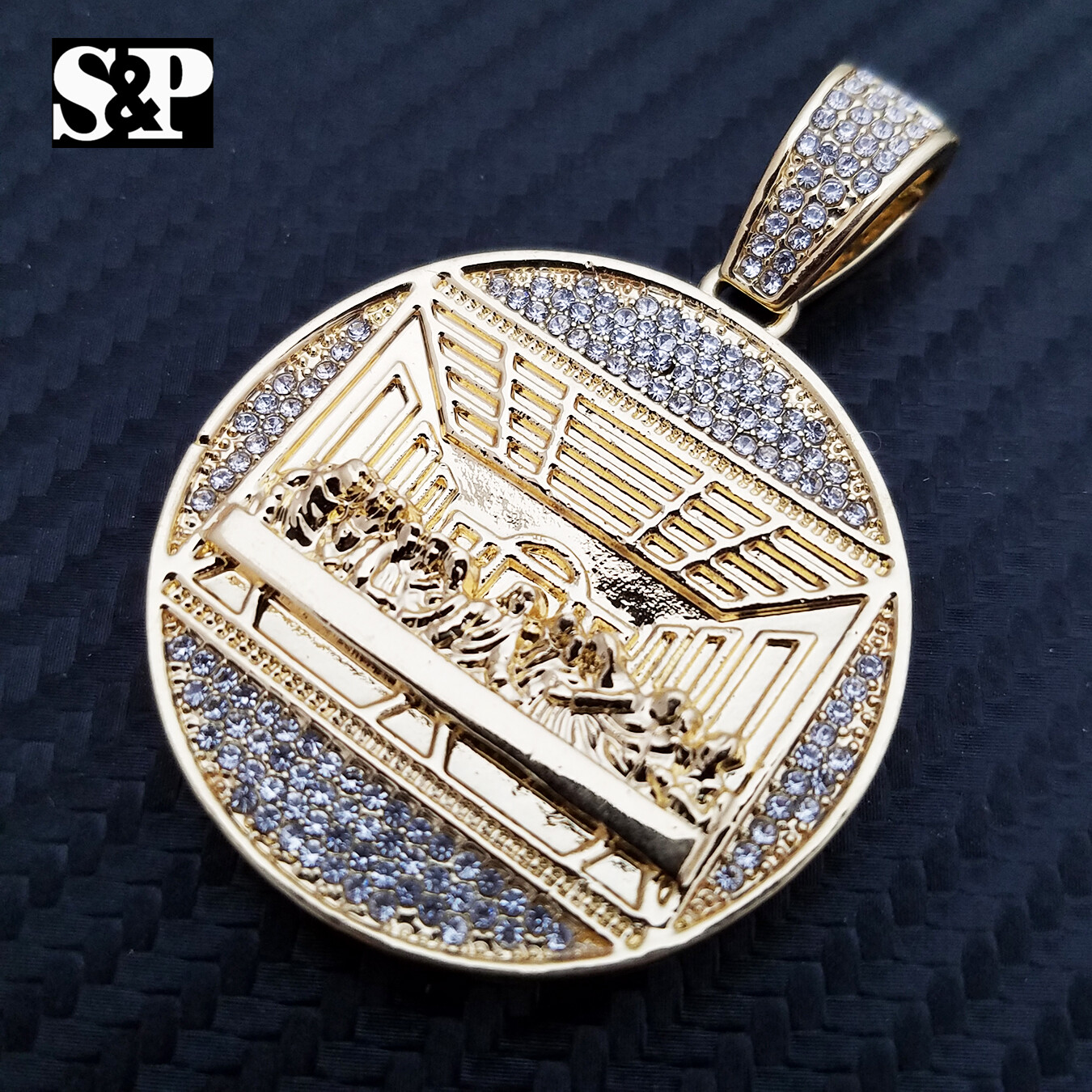 HIP HOP ICED SIMULATED DIAMOND GOLD PLATED ALLOY LAST SUPPER MEDAL CHARM PENDANT