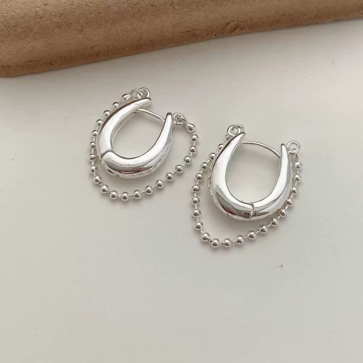925 Silver Ball Chain Huggie Hoop Earrings Dainty Chunky Chain Drop Hoop D34
