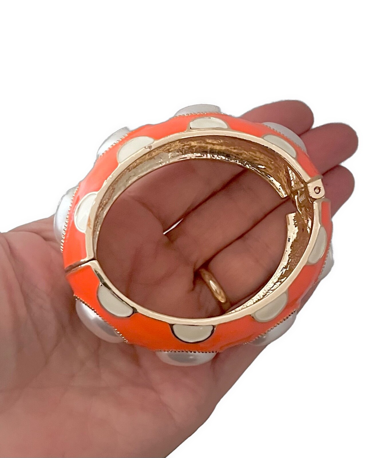 1.3/8″ Wide Orange & Beige Enamel Faux Pearl Chunky Statement Bracelet