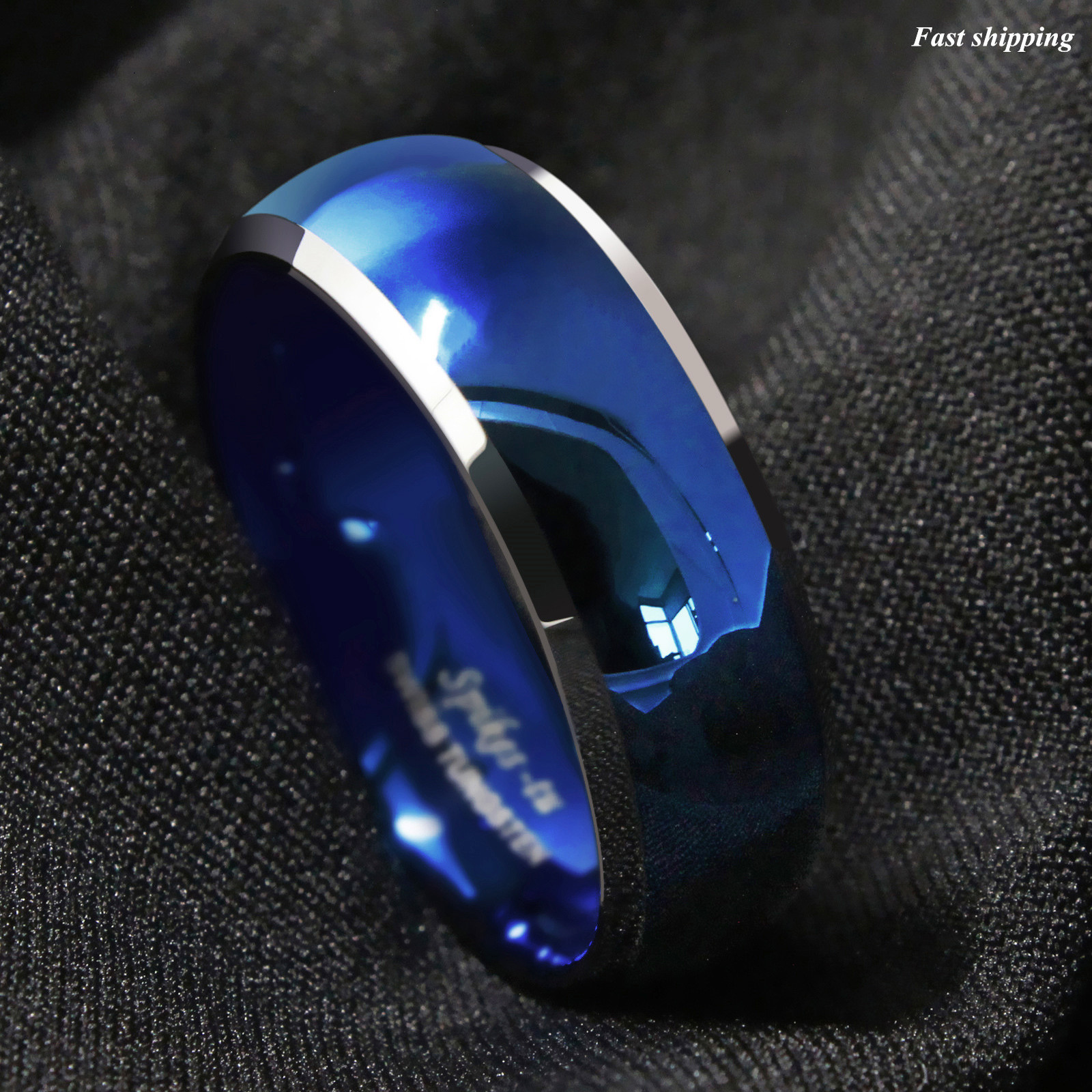 8mm Men’s Tungsten Ring Blue Domed with Beveled Silver Edges Band ATOP Jewelry