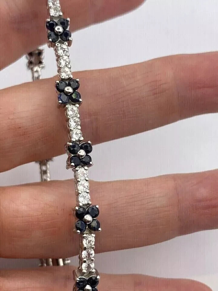 6.5 Ct Round Simulated Sapphire 925 White Sterling Silver Flower Tennis Bracelet