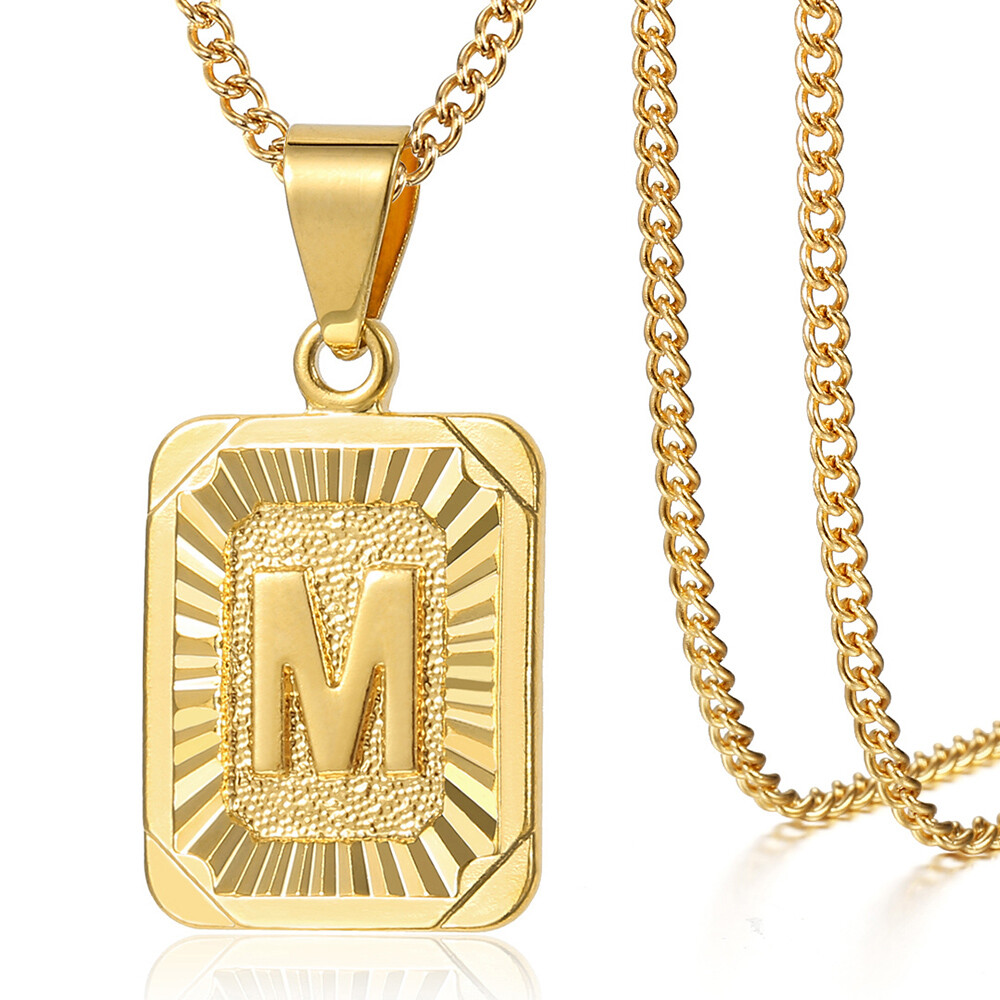 Gold Plated Initial Necklace Letter Pendant Stainless Steel Curb Chain Unisex